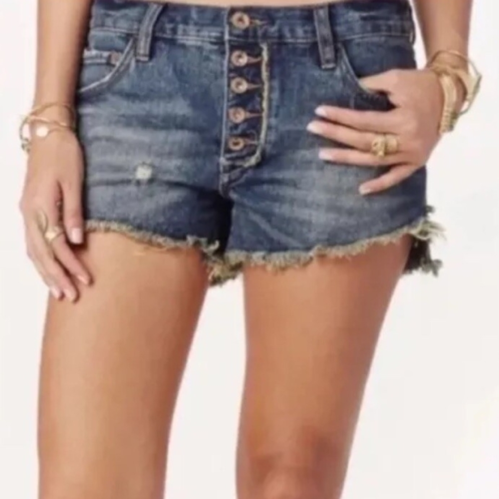 Free People Blue Jean Shorts with Button Detail